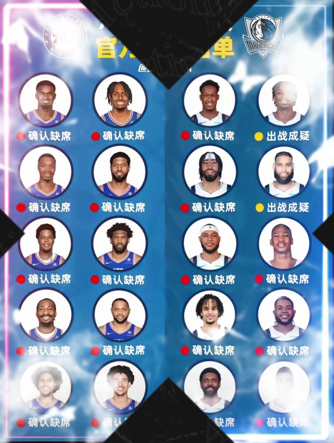 放眼NBA歷史也是相當(dāng)炸裂！76人打獨(dú)行俠，兩隊(duì)的傷病名單多達(dá)20個(gè)人！