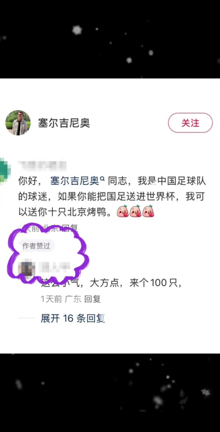 網(wǎng)友評論“帶國足進(jìn)世界杯，送十只北京烤鴨”，塞鳥本人點(diǎn)贊